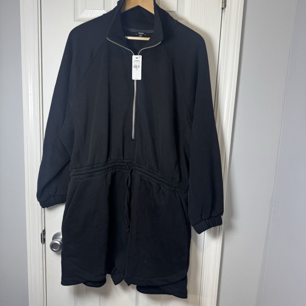Express Romper One Piece Black Silver Zipper V Neck Long Sleeve Shorts XL NWT